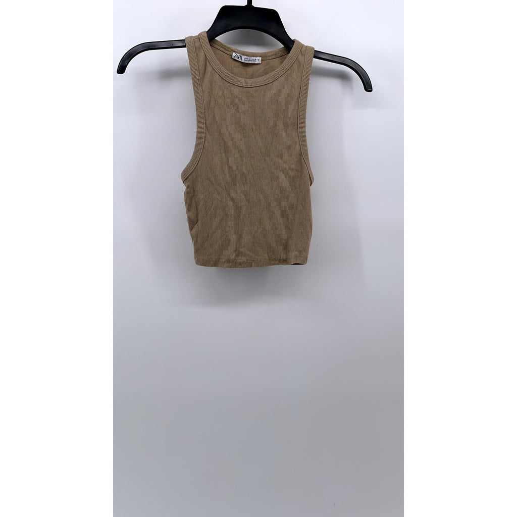 ZARA Women's Tan Rib Knit Casual Crewneck Sleeveless Cropped Top SZ S