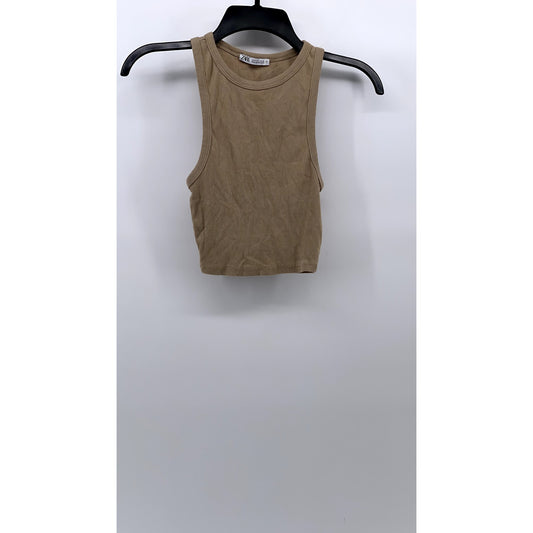 ZARA Women's Tan Rib Knit Casual Crewneck Sleeveless Cropped Top SZ S