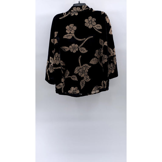 ZARA Women's Black-Beige Floral Burnout Button-Up Long Sleeve Top SZ S