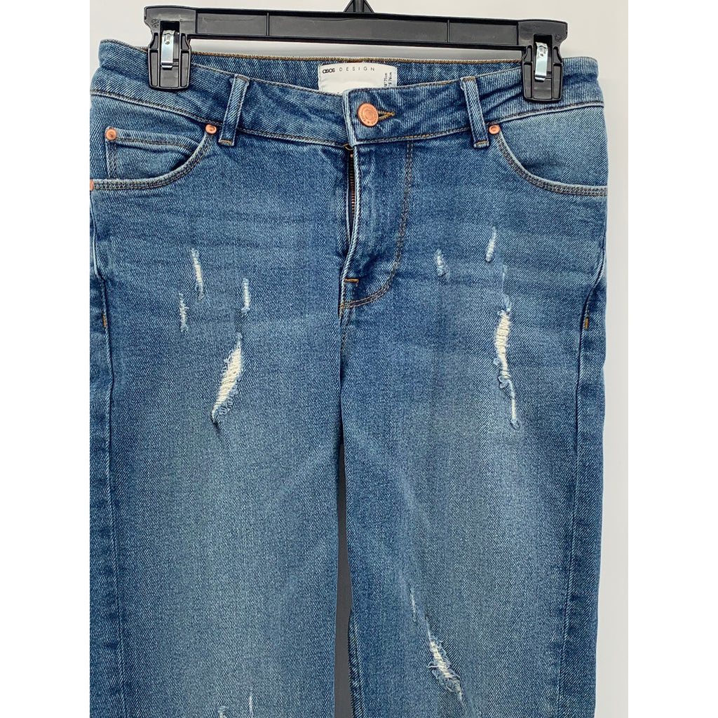 ASOS DESIGN Men's Dark Blue Distressed Frayed Hem Skinny Jeans SZ 28X30