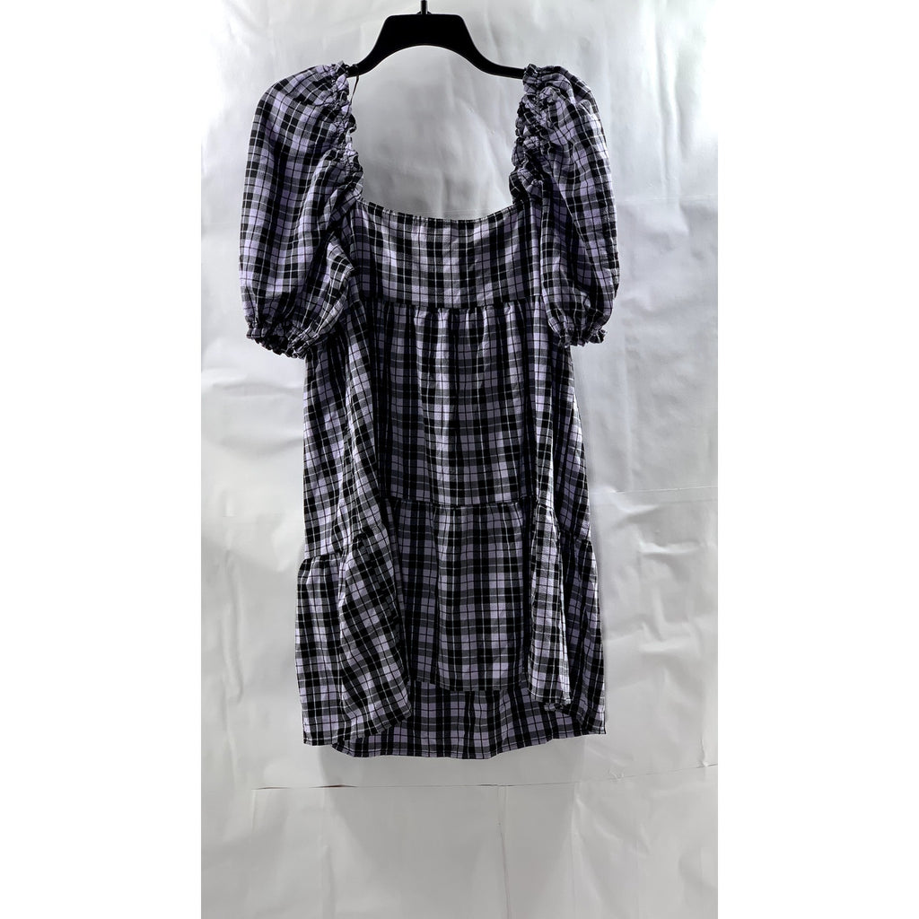 DIVIDED BY H&M Women's Purple-Black Sear Sucker Puff-Sleeve Mini Dress SZ M