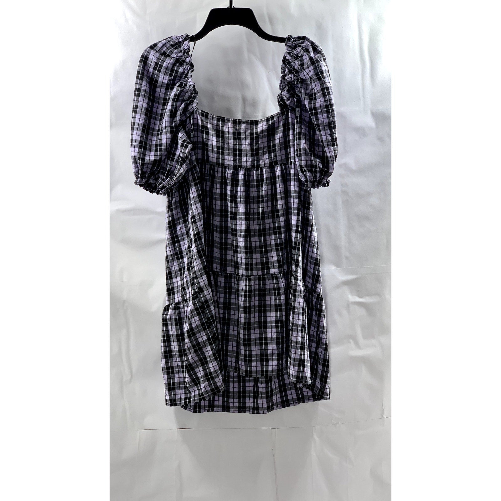 DIVIDED BY H&M Women's Purple-Black Sear Sucker Puff-Sleeve Mini Dress SZ M