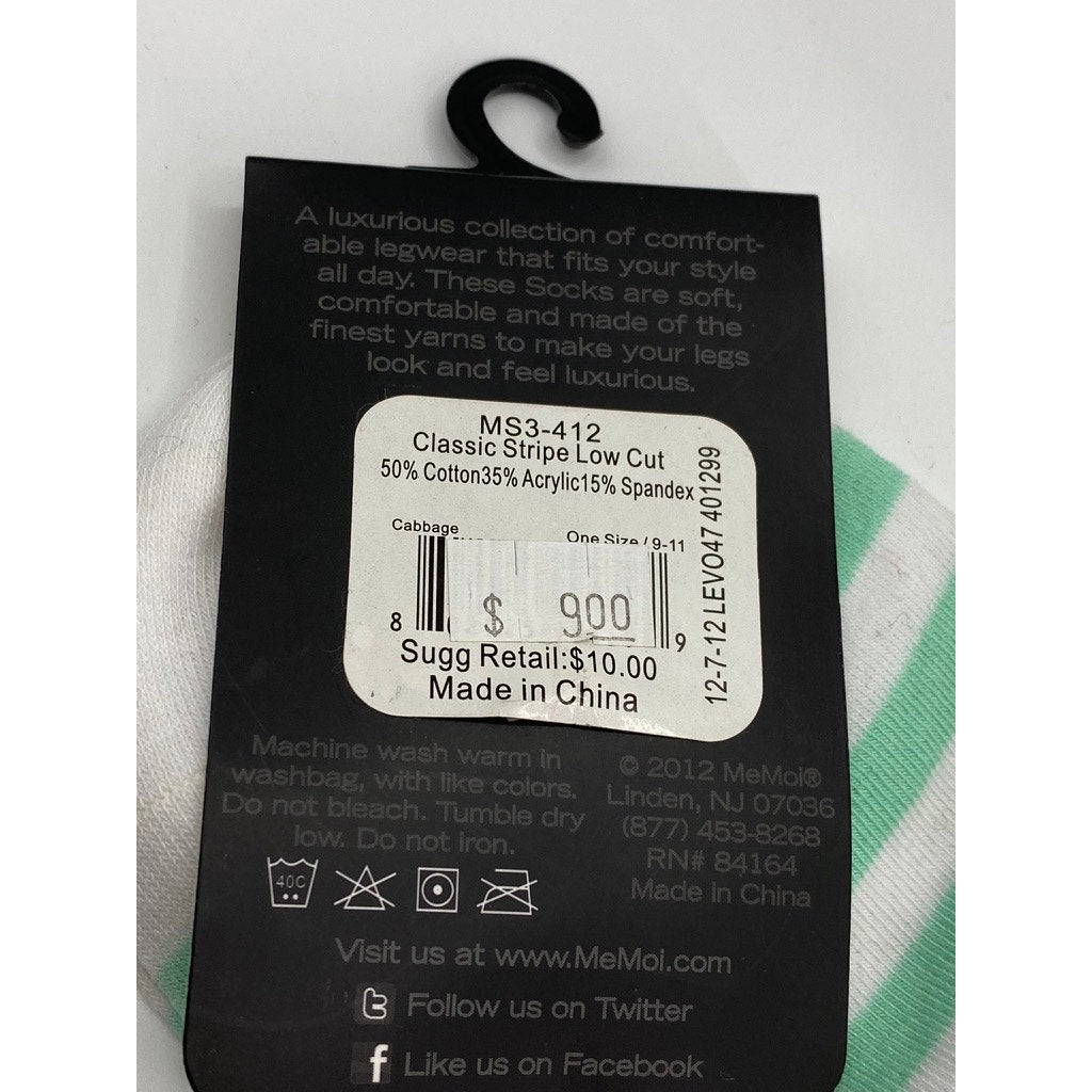 MEMOI Women's White-Green Classic Stripe Low Cut Socks SZ OS