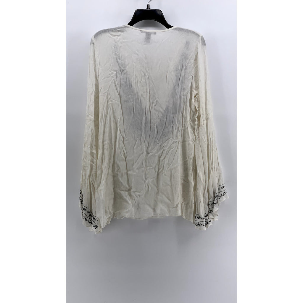 FOREVER 21 Women's White-Navy Embroidered Lace-Up Long Sleeve Dress SZ S