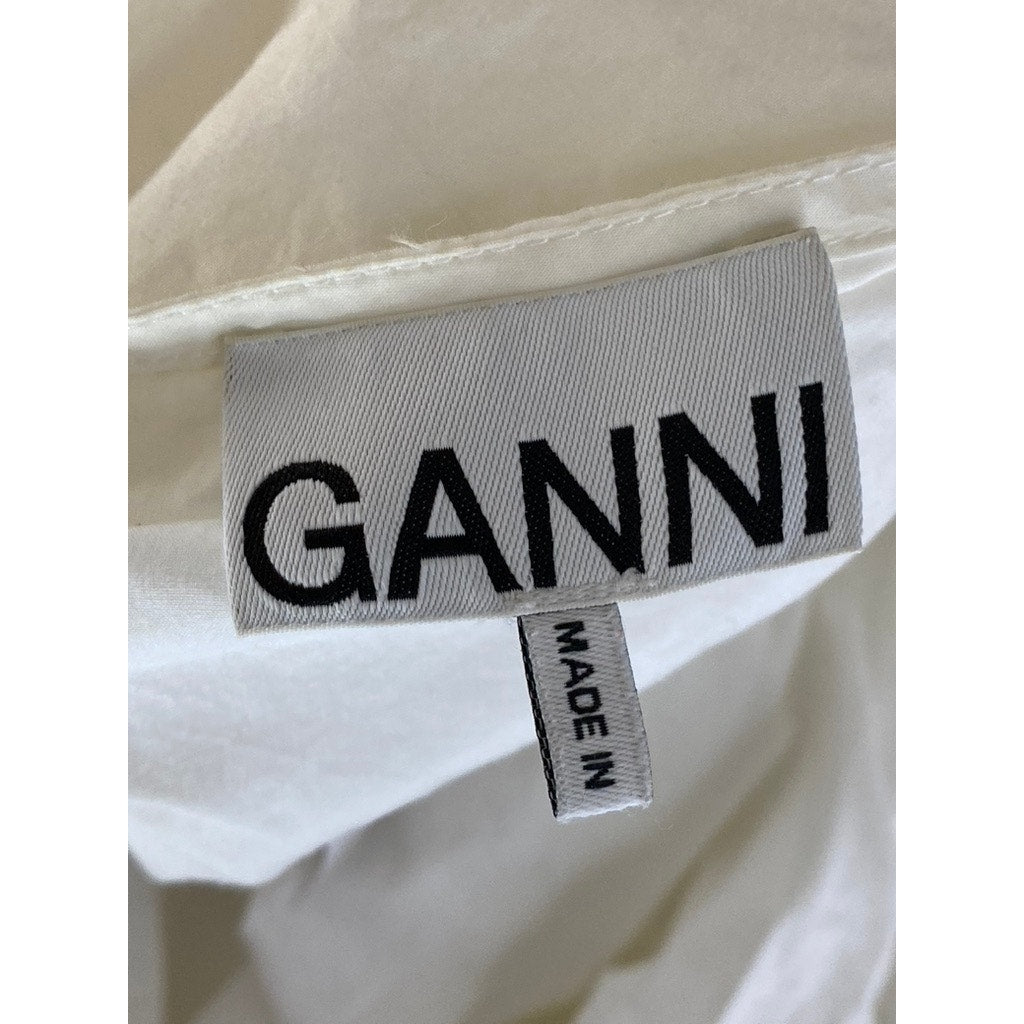 GANNI Women's White V-Neck Long Sleeve Wrap Poplin Top SZ 36(S)