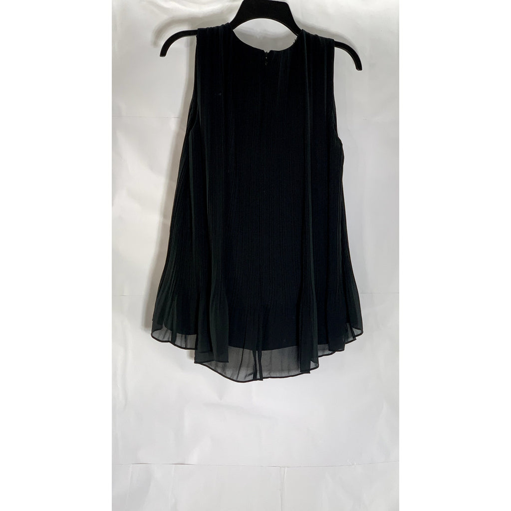 CLUB MONACO Women’s Black Sheer Pleated Crewneck Sleeveless Relaxed-Fit Top SZ S