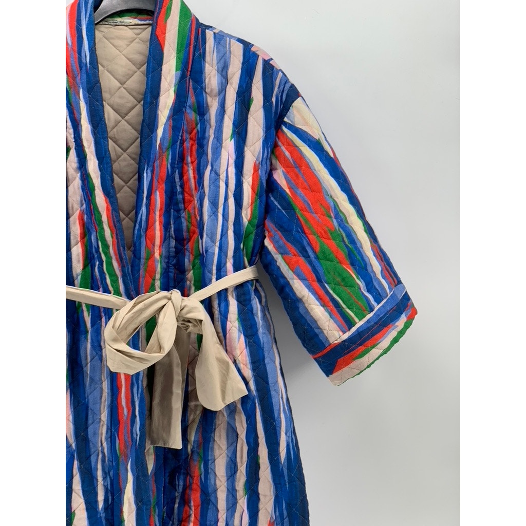 LUKAP Women's Blue-Multi Striped Quilted Belted Kimono Robe SZ OS