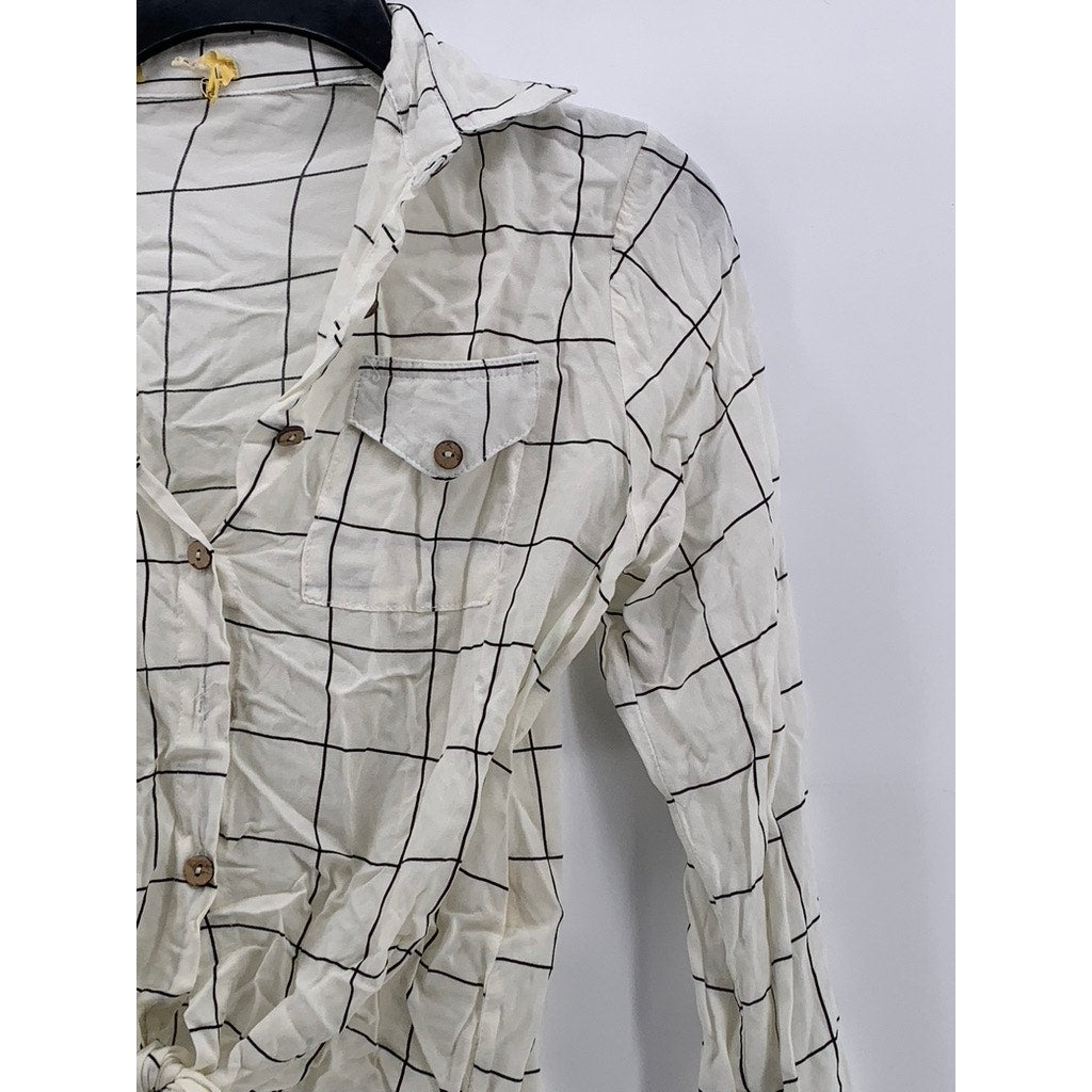 LOVE NOTES Women's White-Black Windowpane Tie-Front Button-Up Top SZ M