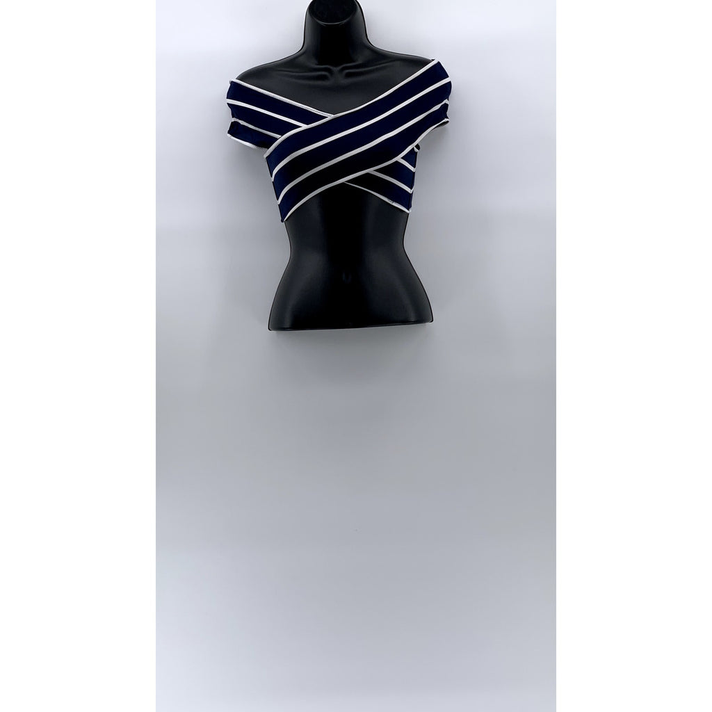UNBRANDED Women's Navy Blue-White Striped Stretch Off-The-Shoulder Crop Top SZ S