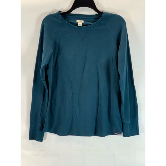 L.L. BEAN Women's Blue Crewneck Regular-Fit Long Sleeve Mini Waffle-Knit Top SZS