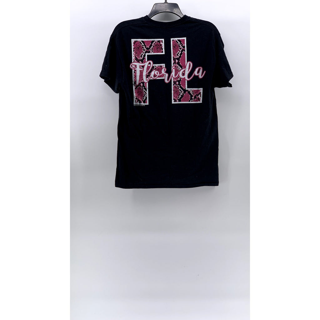 GILDAN Women's Black-Pink Florida State Snake-Print Crewneck Casual T-Shirt SZ M