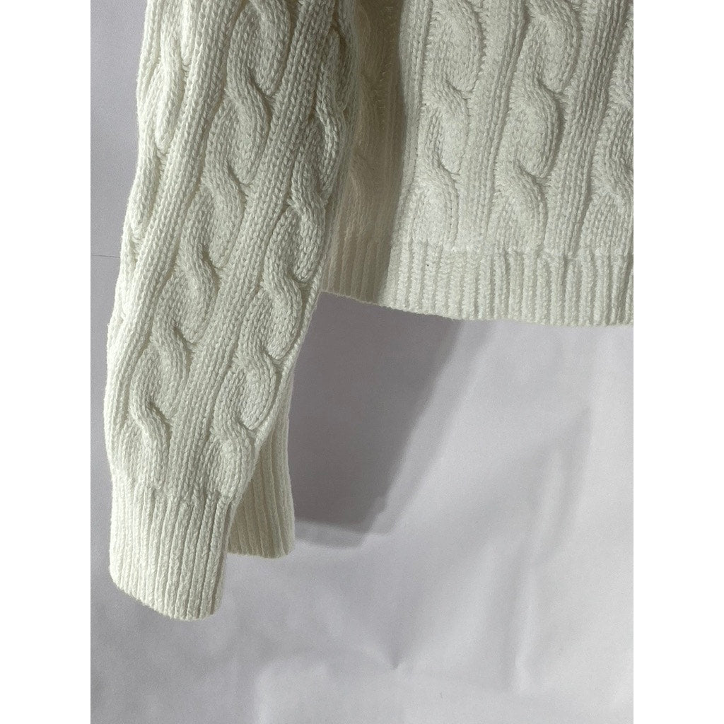 J.CREW Women's White Cable-Knit Crewneck Long Sleeve Cropped Sweater SZ M