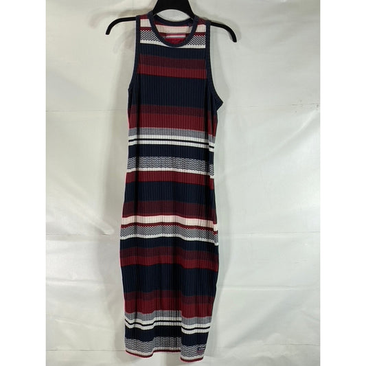 SUPERDRY Women's Navy/Red Striped Crewneck Sleeveless Fitted Midi Dress SZ 12