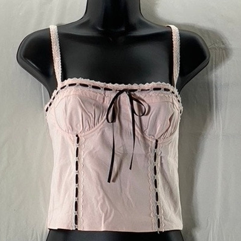 BEVERLY AND BECK Women's Light Pink Bustier Ribbon Bow Cropped Tank Top SZ S