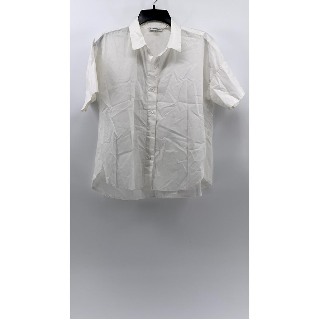 CALVIN KLEIN Women’s White Solid Button-Up Short Sleeve Oversized Top SZ XS