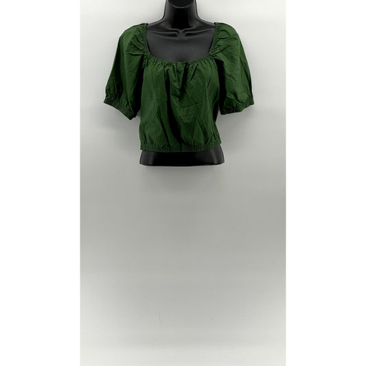 H&M Women's Dark Green Scoop-Neck Short Puff-Sleeve Cropped Top SZ L