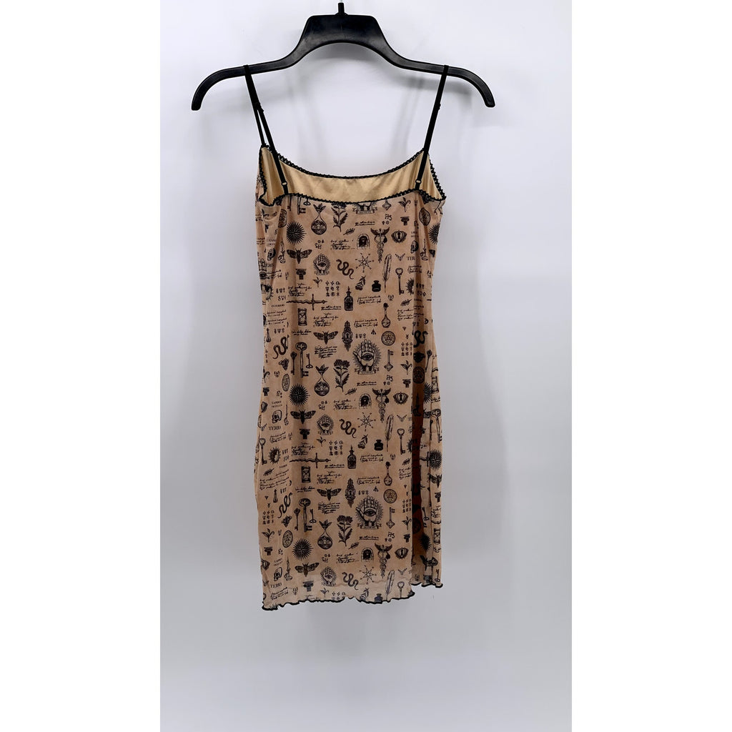 PRINCESS POLLY Women's Black-Beige Printed Scoop-Neck Spaghetti Strap Dress SZ 4