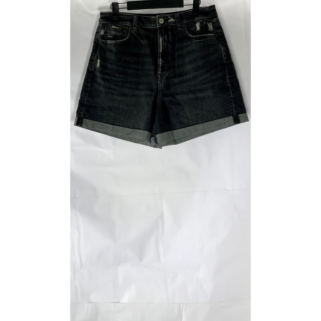 AMERICAN EAGLE Women's Washed Black Distressed Regular-Fit Cuffed Shorts SZ 10
