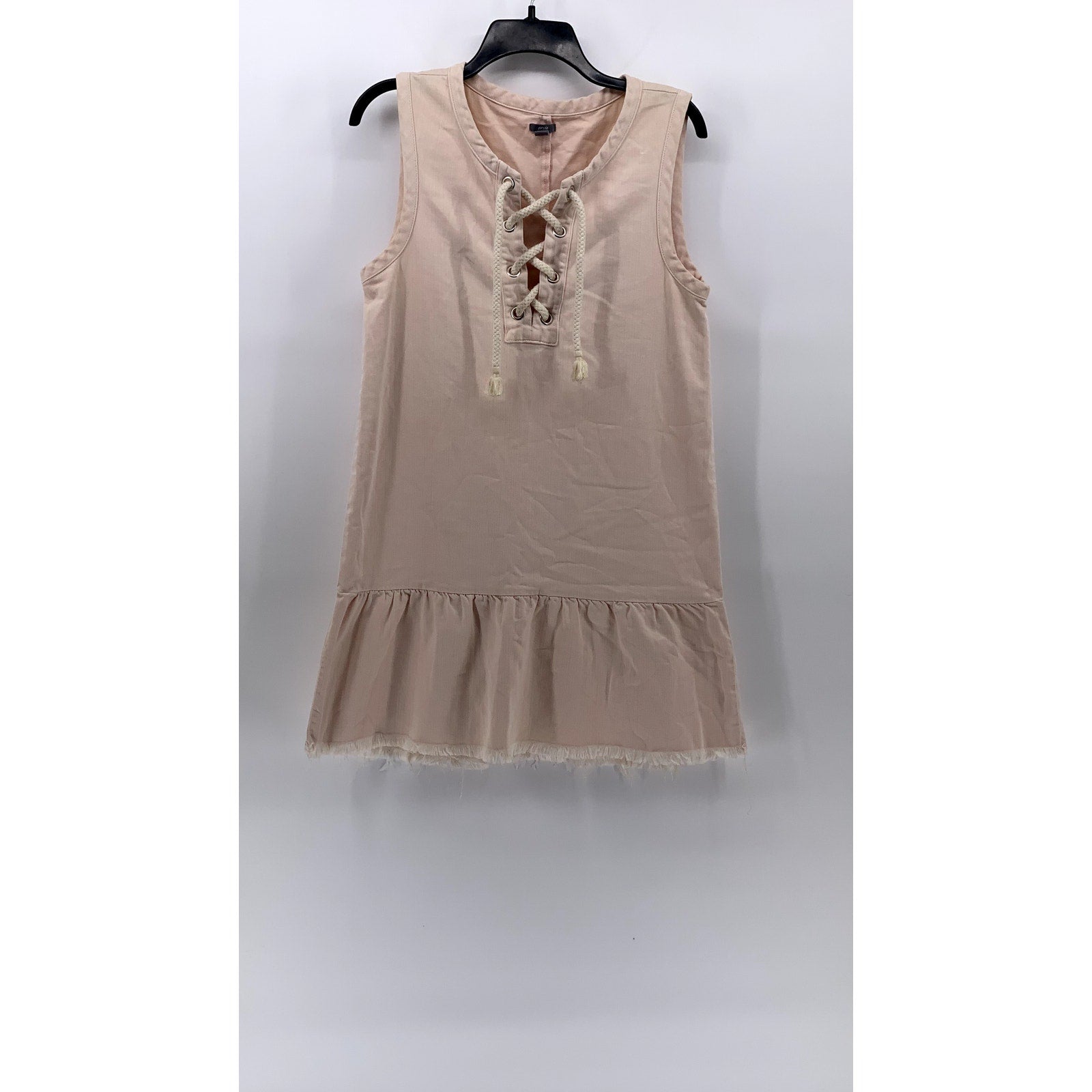 AERIE Women's Light Pink Lace-Up Neck Ruffle-Hem Sleeveless A-Line Dress SZ S