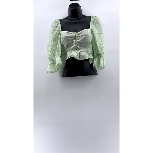 ZARA Women’s Mint Green Embroidered Eyelet Puff-Sleeve Crop Top SZ M
