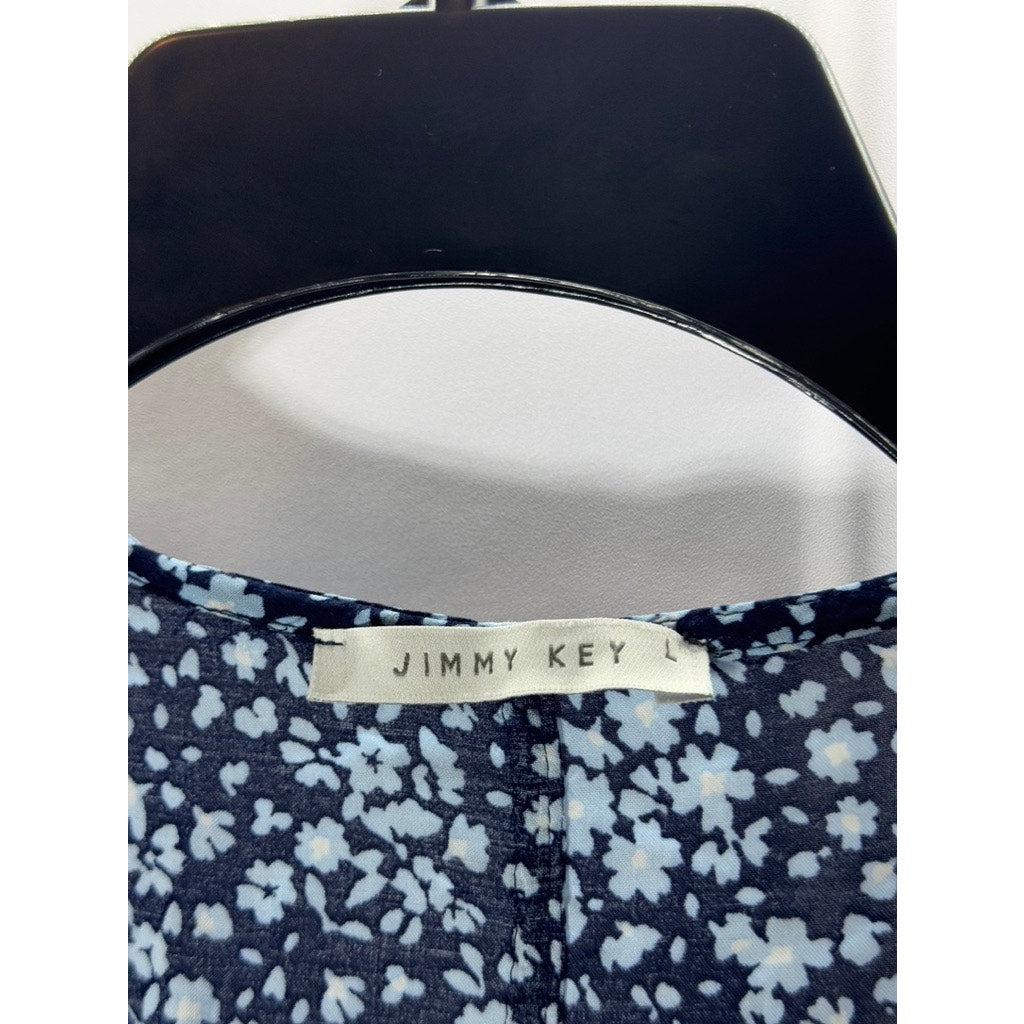 JIMMY KEY Women's Blue Floral V-Neck Surplice Ruffle 3/4 Sleeve Top SZ L