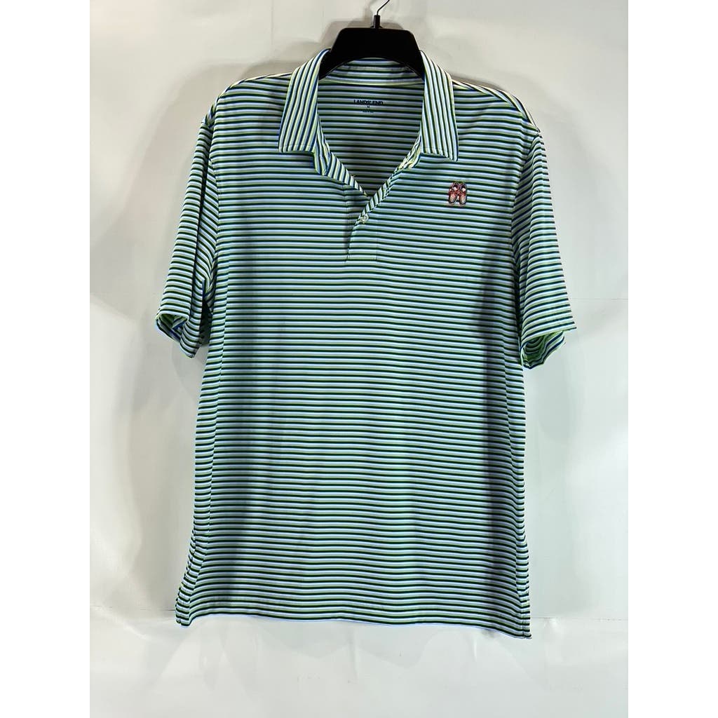 LANDS' END Men's Green/Blue Striped Shoe Graphic Short Sleeve Polo SZ M