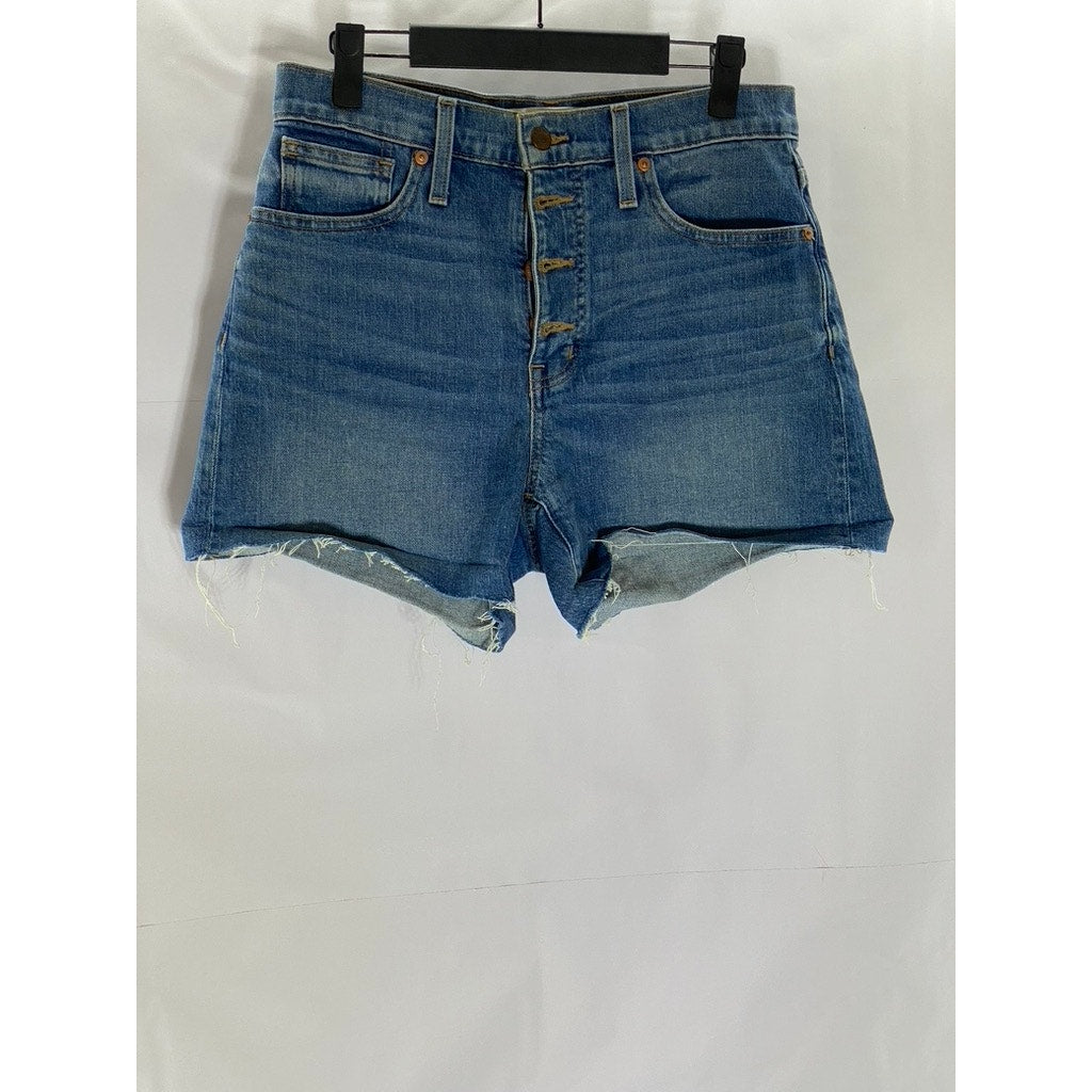 MADEWELL Women's Dark Blue Distressed Button-Fly High-Rise Denim Shorts SZ 26