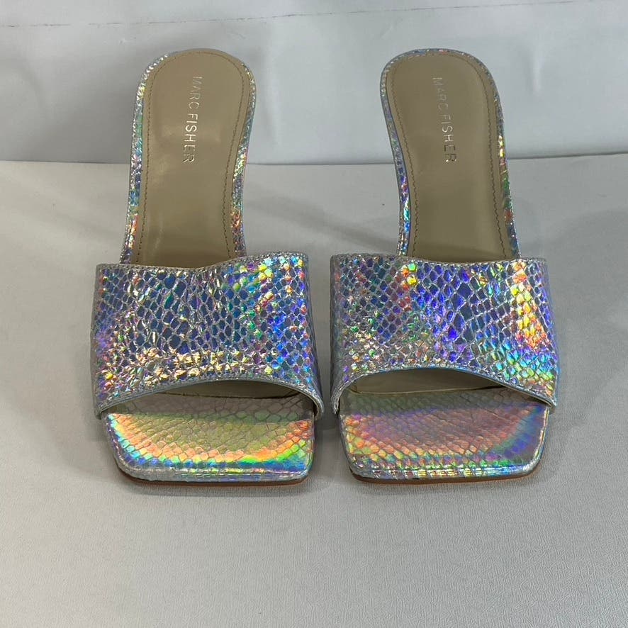 MARC FISHER Women's Silver Metallic Danria Embossed Square-Toe Sandals SZ 9.5