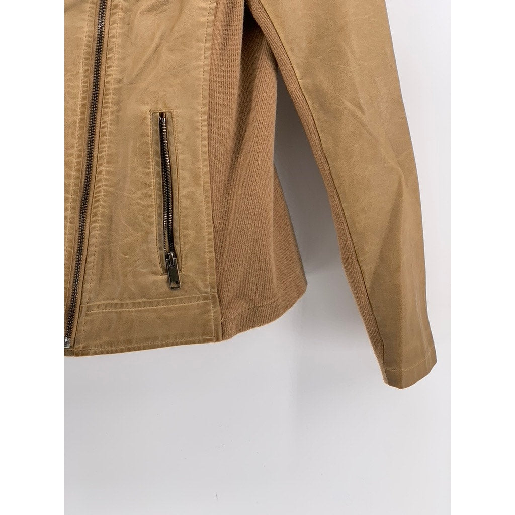 SEBBY COLLECTION Women's Tan Faux-Leather Asymmetrical Zip-Up Jacket SZ M