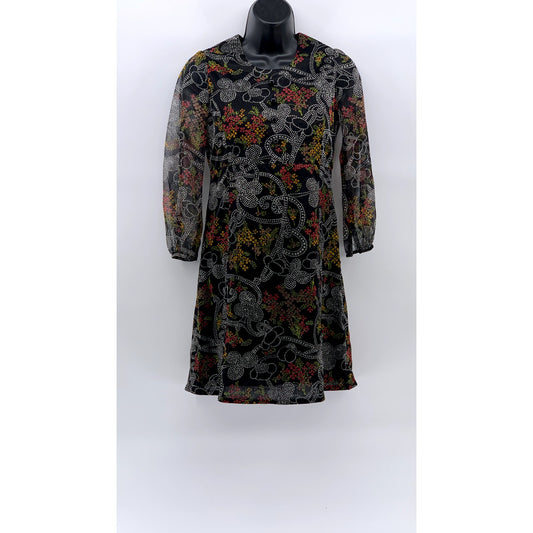 UNBRANDED Black Floral Sheer Long Sleeve A-Line Crewneck Mini Dress SZ S