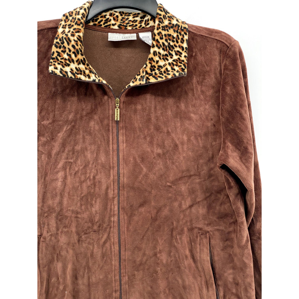 SPORT SAVVY Women's Brown Soft Y2K Animal Print Zip-Up Long Sleeve Sweater SZ M