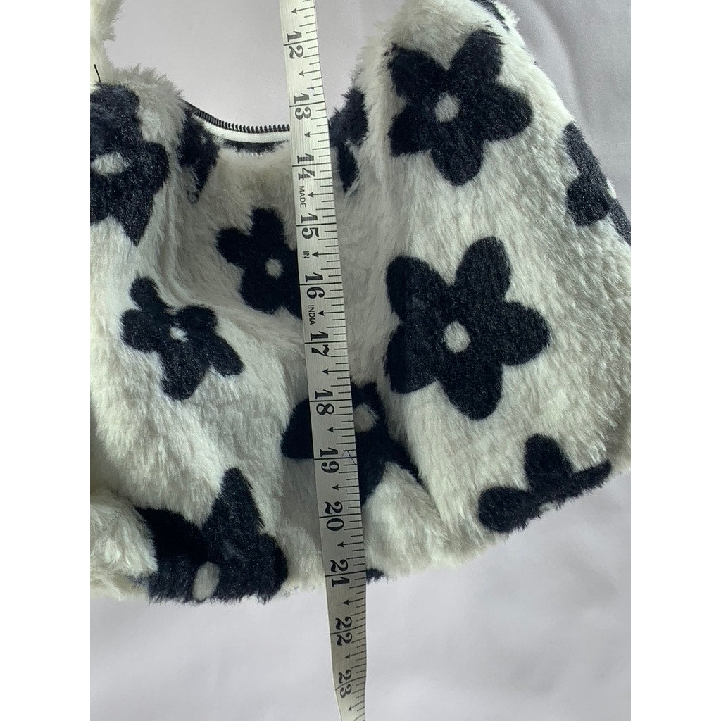 UNBRANDED Women's Black-White Floral Print Faux-Fur Shoulder Bag