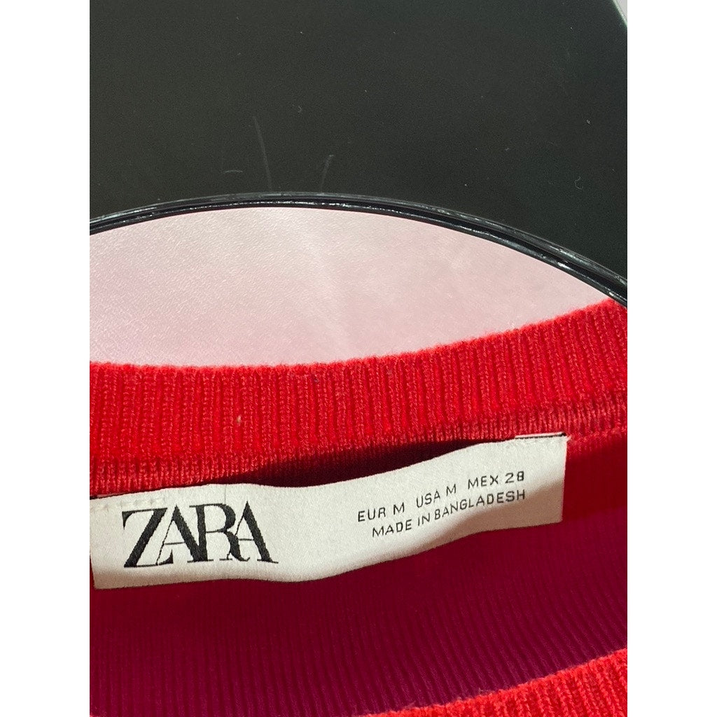 ZARA Women's Pink-Red Striped Crewneck Knit Long Sleeve Crop Top SZ M