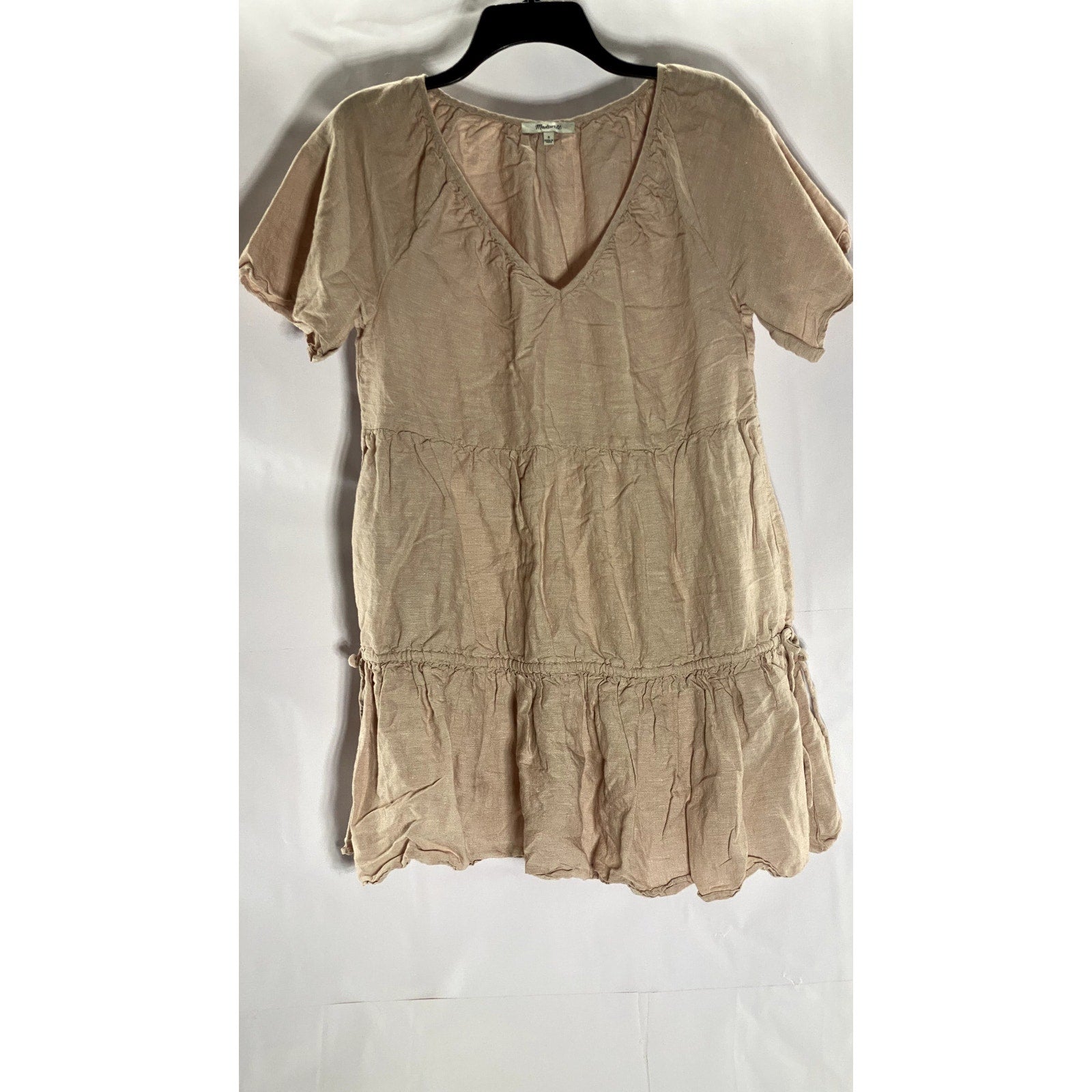MADEWELL Women's Dusty Blush Linen-Blend V-Neck Tiered Lorelei Mini Dress SZ S