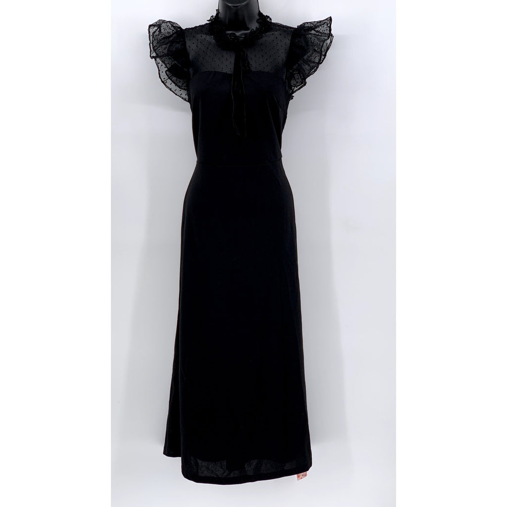 SHEIN Women's Black Lace 1940'S Mesh Insert Wiggle Ruffle Sleeve Dress SZ 6