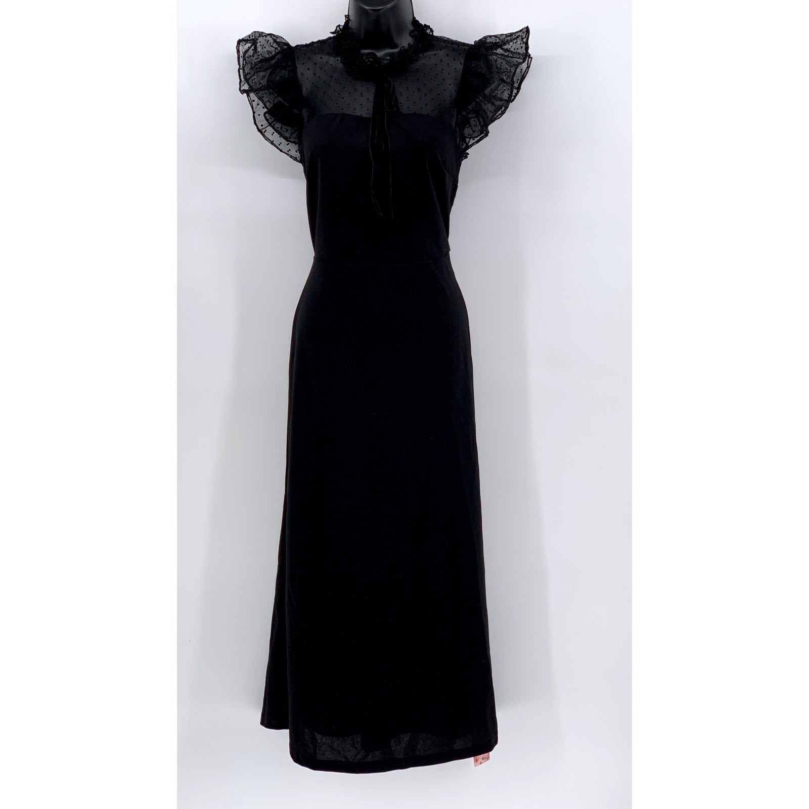 SHEIN Women's Black Lace 1940'S Mesh Insert Wiggle Ruffle Sleeve Dress SZ 6