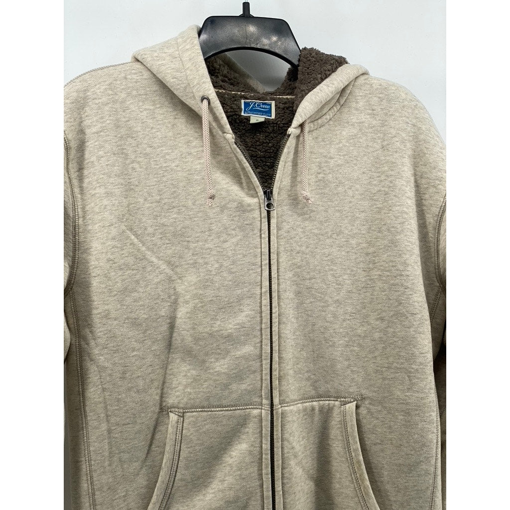 J.CREW Men's Beige Marled Brushed Fleece Sherpa-Lined Zip-Up Hooded Sweater SZ S
