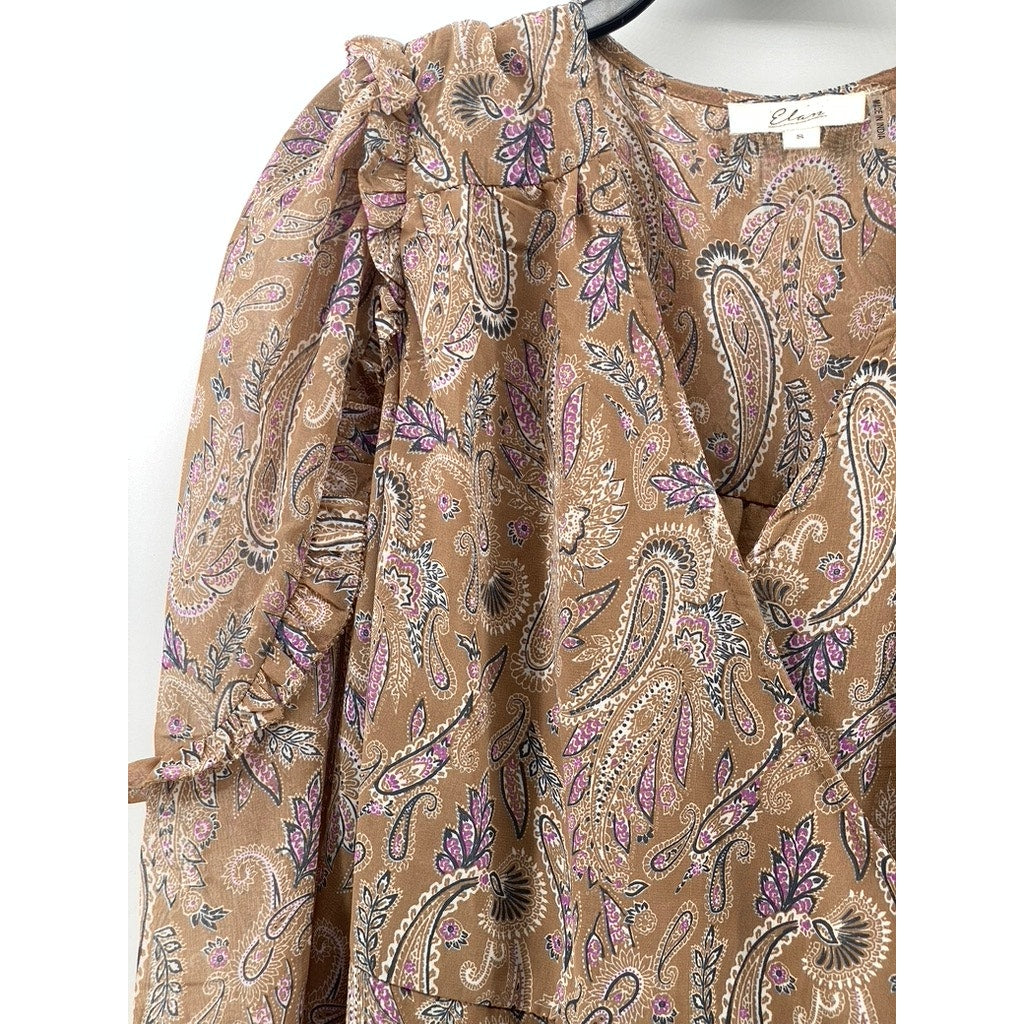 ELAN Women’s Tan Paisley Printed Long Sleeve Ruffle Trim Wrap Midi Dress SZ S