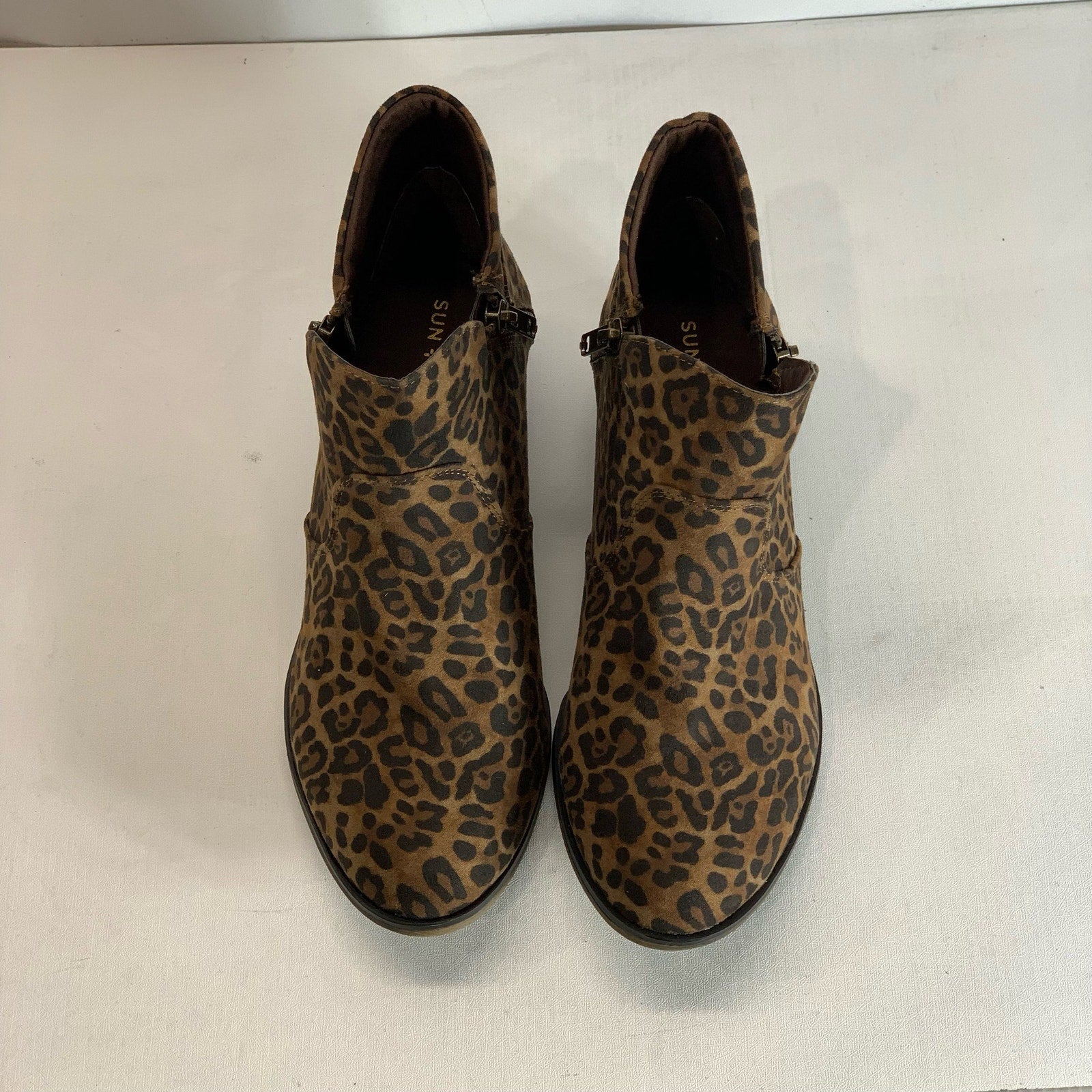 SUN+STONE Women's Brown Leopard Abby Double-Zip Round-Toe Block-Heel Booties SZ8