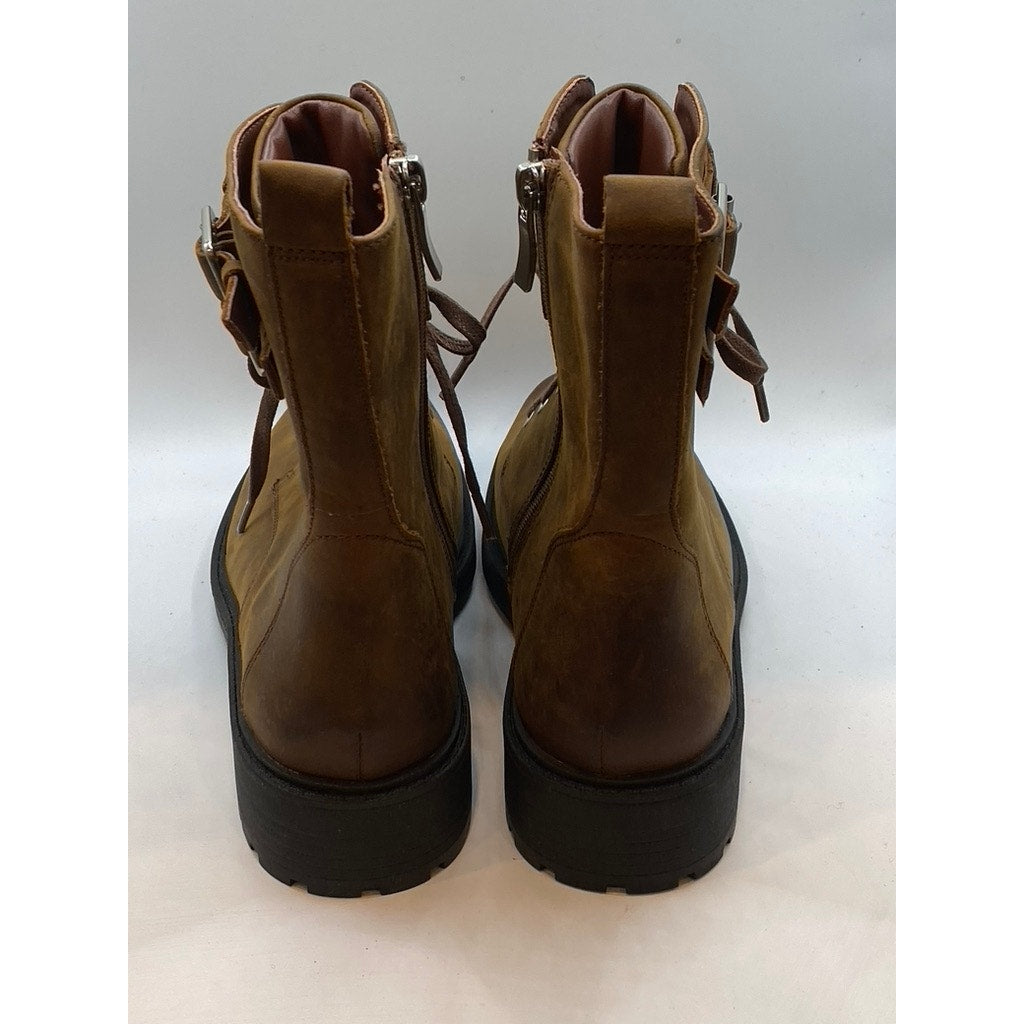 CLARKS Women's Brown Leather Orinoco Round-Toe Side-Buckle Combat Boots SZ 8.5