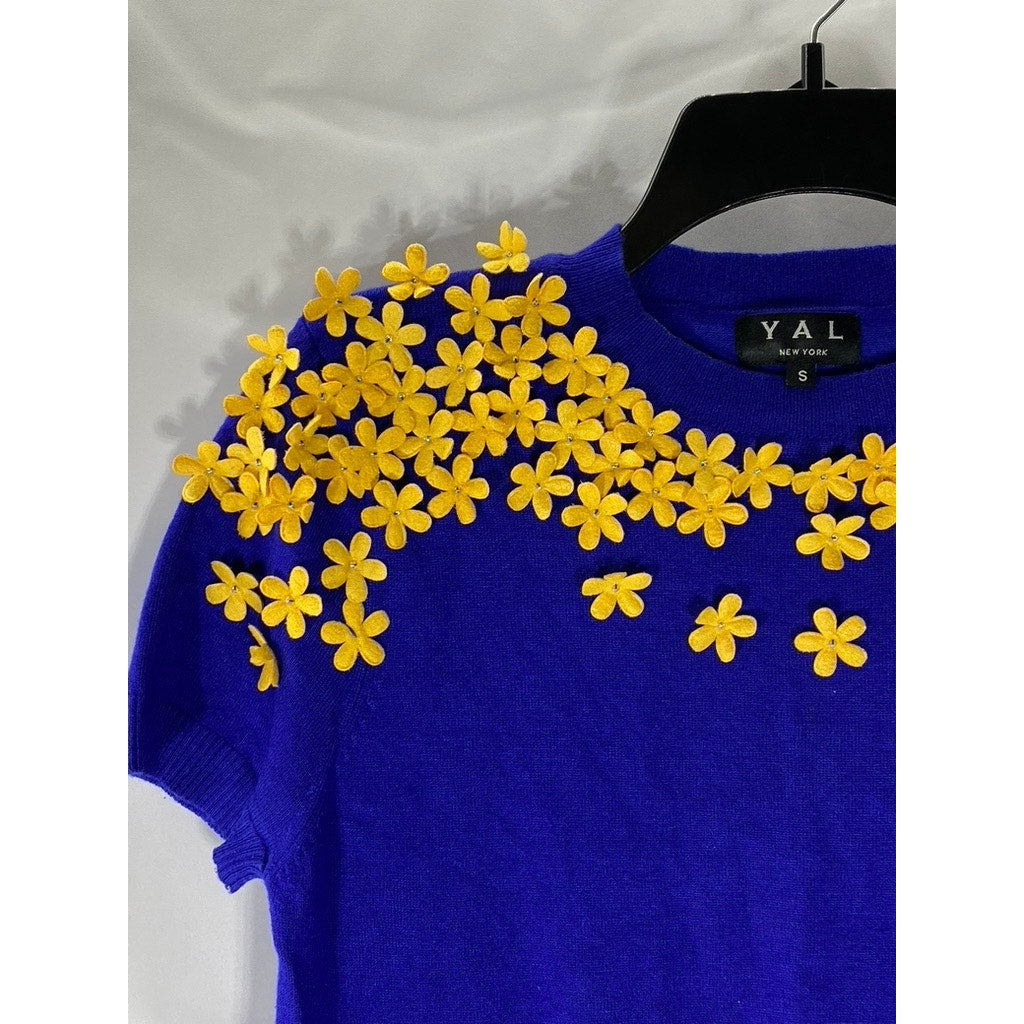 YAL NEW YORK Women’s Royal Blue-Yellow 3-D Floral Crewneck Short Sleeve Top SZ S