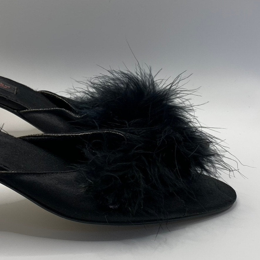 FREDERICK'S OF HOLLYWOOD Women's Black Peep-Toe Feather Slip-On 1980's Heel SZ11