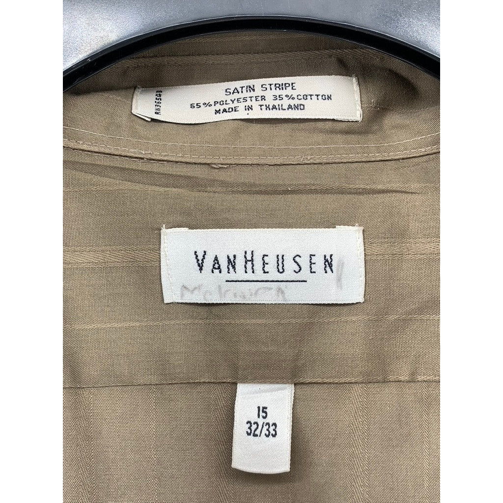 VAN HEUSEN Men's Vintage Tan Satin Striped Button-Up Shirt SZ 15 32/33