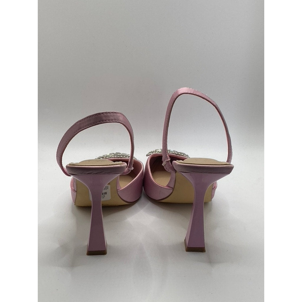 PRIMARK Women's Pink Satin Rhinestone Heart Pointed Toe Stiletto Sandals SZ 7