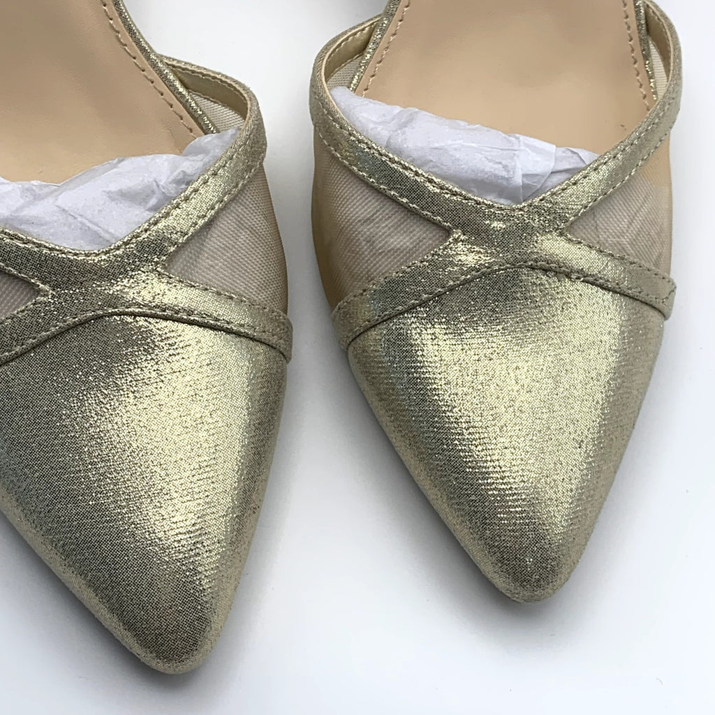 SILVER SLIPPER Women's Gold Ella Pointed-Toe Ankle-Strap Rhinestone Heels SZ8.5