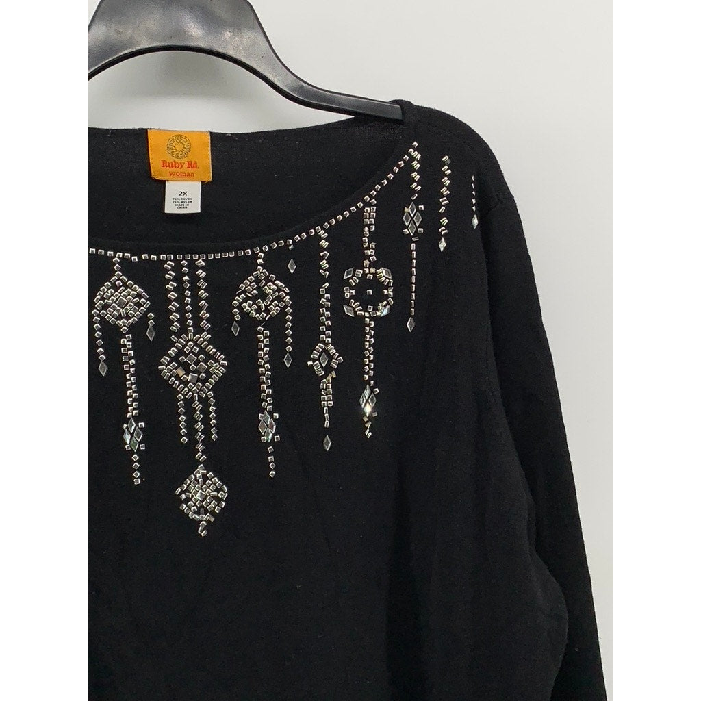 RUBY RD. Women's Plus Black Silver Studded 3/4 Sleeve Top SZ 2X