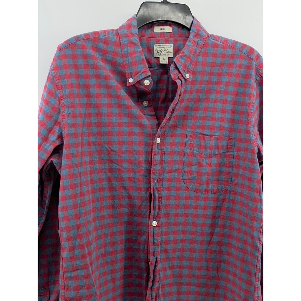 J.CREW Men's Blue-Red Check Stretch Slim-Fit Button-Up Long Sleeve Shirt SZ L