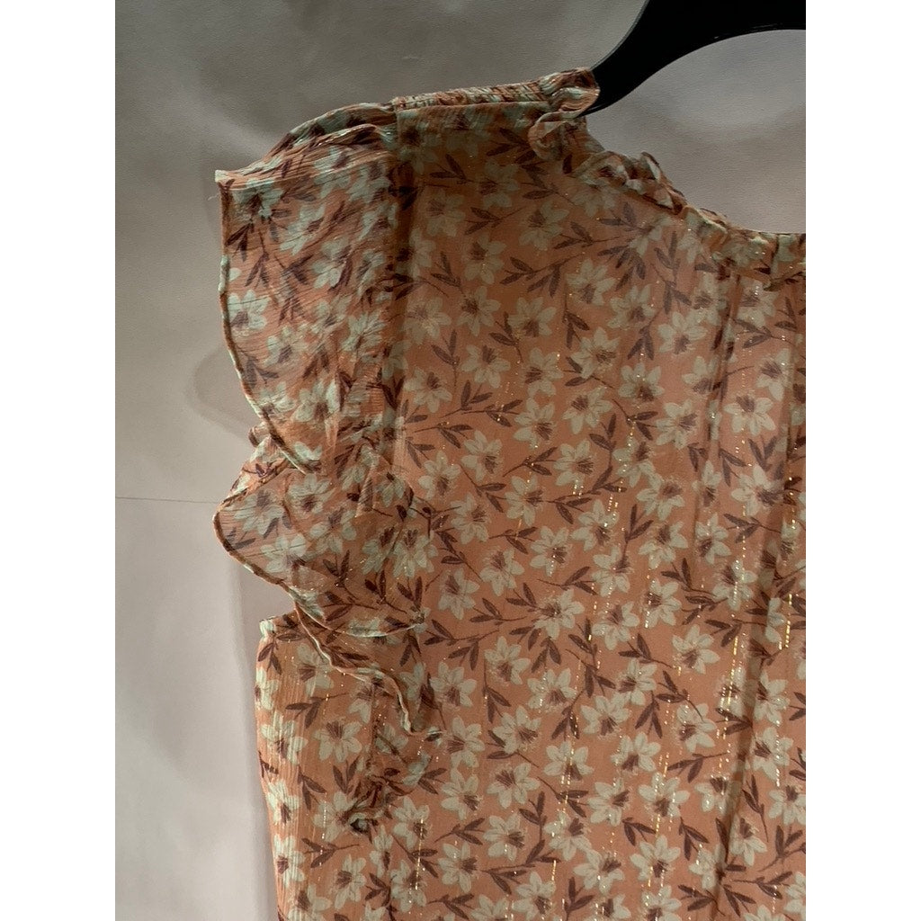 REBECCA TAYLOR Women's Peach Floral Metallic V-Neck Ruffle Short Sleeve Top SZ 2