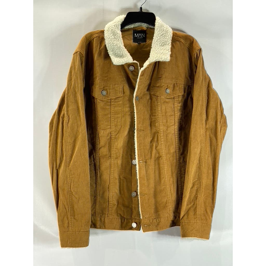 BOOHOOMAN Men's Tan Corduroy Regular-Fit Button-Up Borg Collar Jacket SZ XL