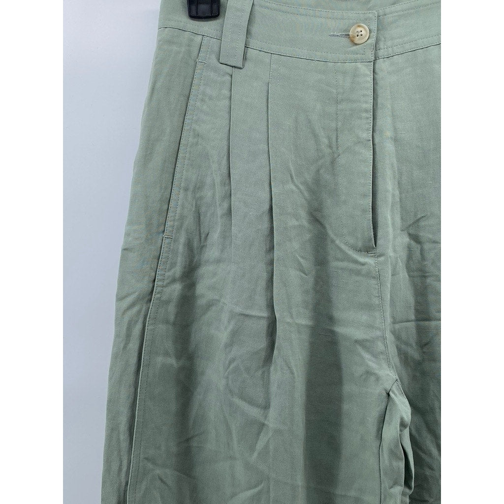 KURT LYLE Women's Green Linen-Blend Pleated Straight-Leg Relaxed-Fit Pant SZ S